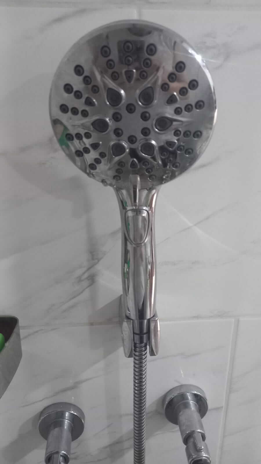 Handheld Shower Head with on off Switch&Built-in Power Spray,7-Setting High Pressure Spray Shower Wand with 79in Long Hose&Bracket and Extra Adhesive Shower Holder for Lower Mount,Chrome